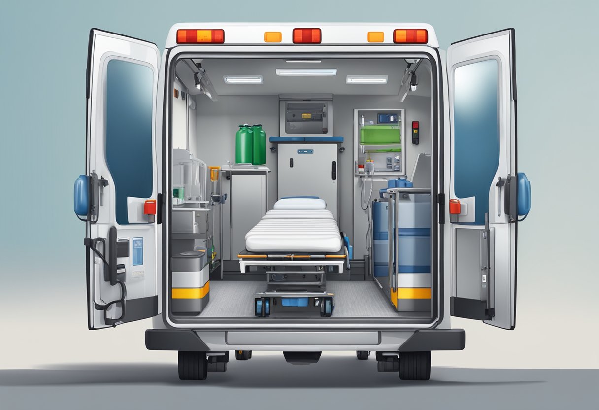 An ambulance type D with essential equipment: stretcher, medical supplies, defibrillator, oxygen tank, and monitoring devices