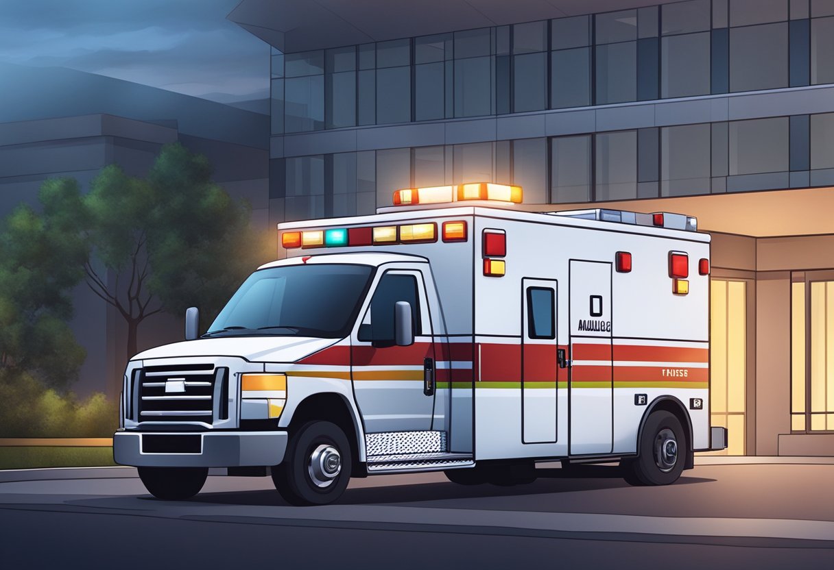 An ambulance type D parked outside a medical facility, with its lights flashing and medical equipment visible through the windows