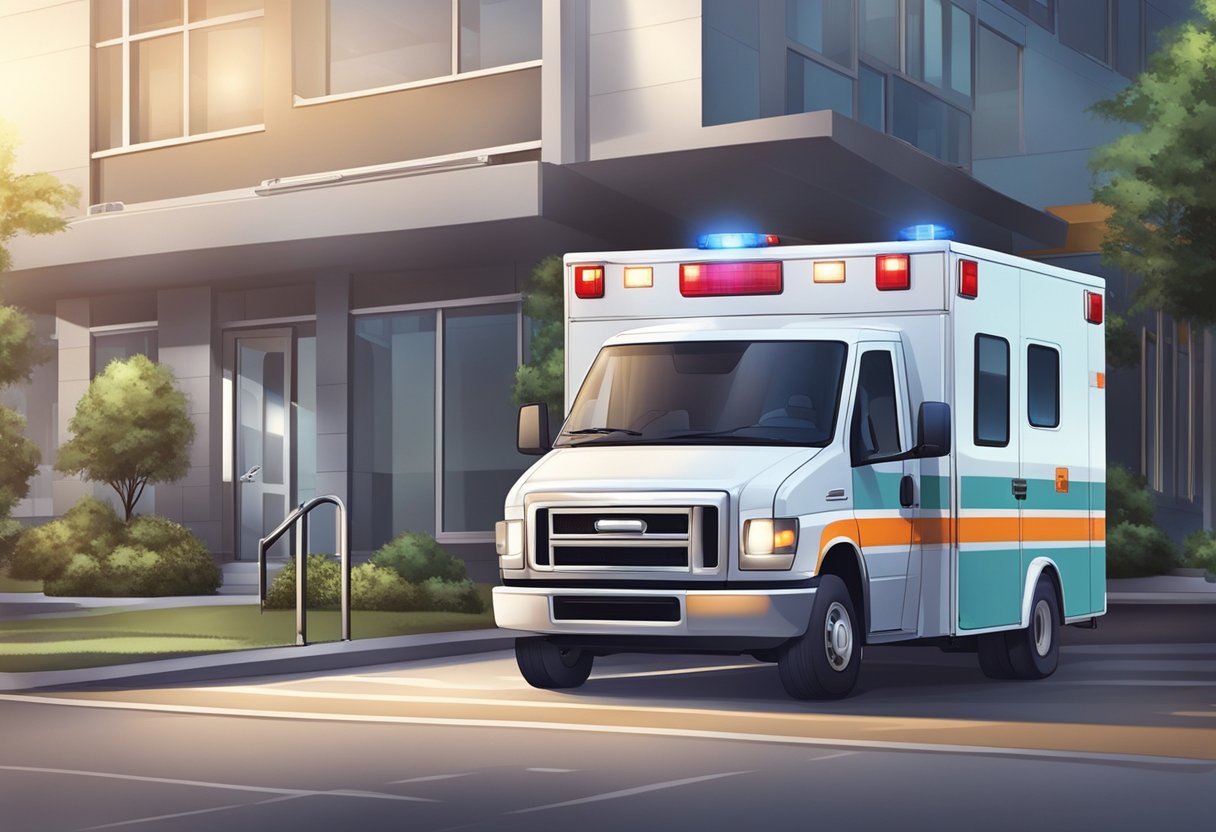 A private ambulance (type D) parked outside a medical facility, with its lights flashing and the paramedics inside preparing medical equipment
