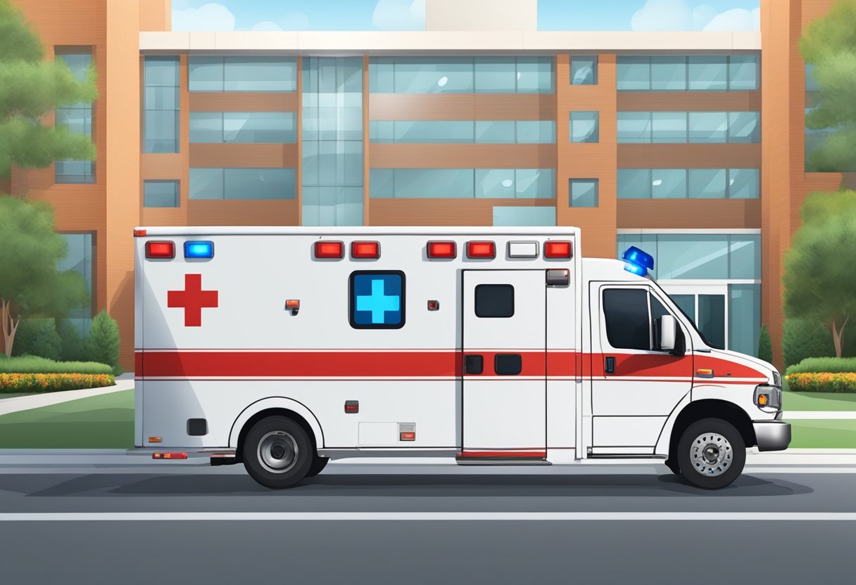 Ambulância Tipo D: Características e Vantagens para Transporte de Pacientes 1 A Type D ambulance parked outside a hospital, with its lights flashing and the back doors open, ready for medical personnel to attend to a patient