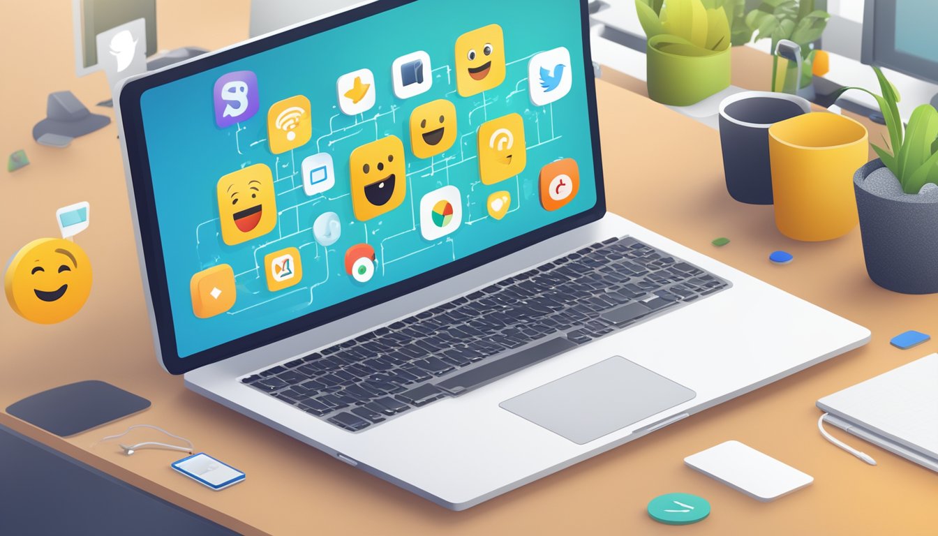 A computer screen displaying positive reviews and feedback for META SEO inspector, surrounded by social media icons and thumbs-up emojis