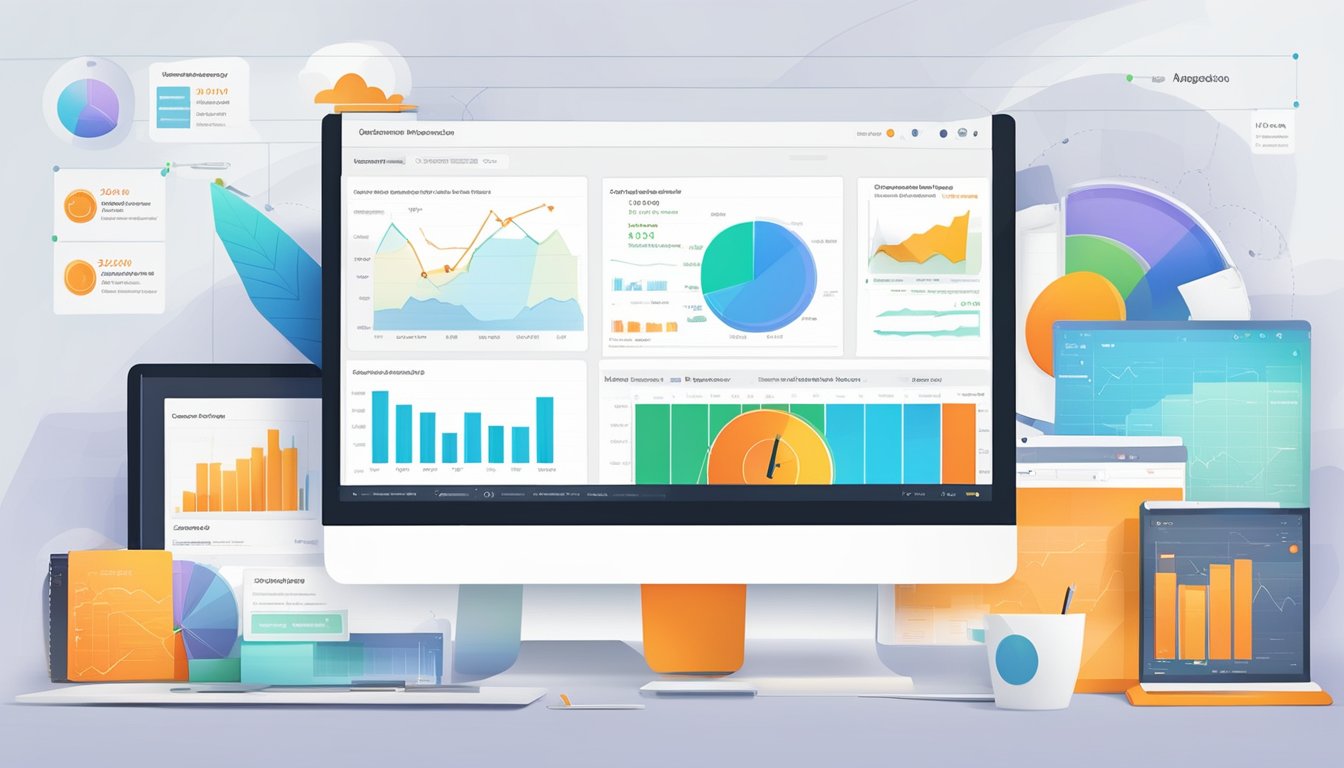 A computer screen displaying the Magento SEO Suite Ultimate Extension dashboard with various optimization tools and analytics charts