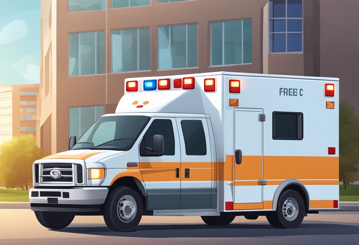 Ambulância Tipo F: Características e Utilidades Essenciais 1 An ambulance type F parked outside a hospital, with its emergency lights flashing and medical equipment visible through the windows