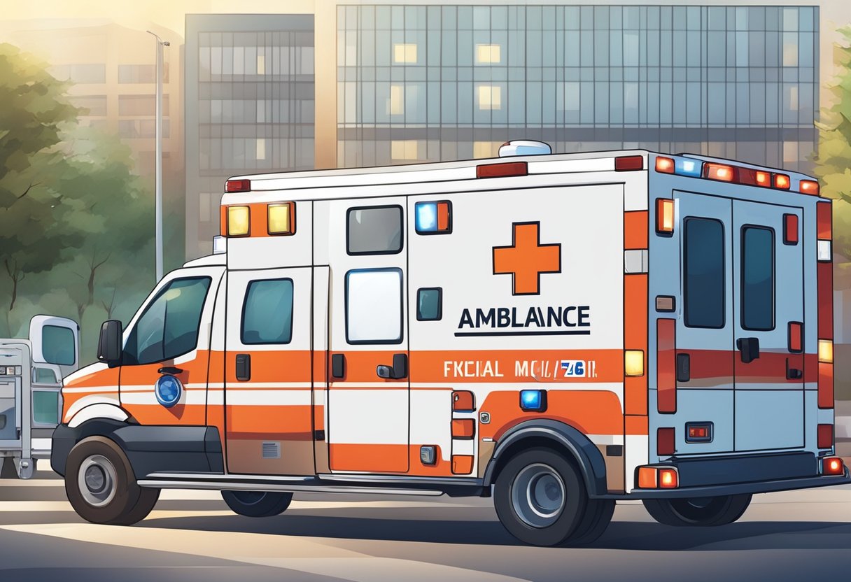 Ambulância Tipo F: Características e Utilidades Essenciais 2 An ambulance type F parked outside a hospital, with its emergency lights flashing and paramedics unloading medical equipment