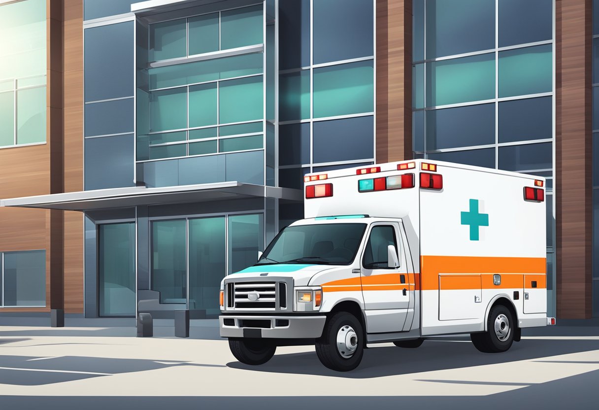 Ambulância Tipo F: Características e Utilidades Essenciais 5 An ambulance type F parked outside a hospital, with its lights flashing and medical equipment visible through the windows