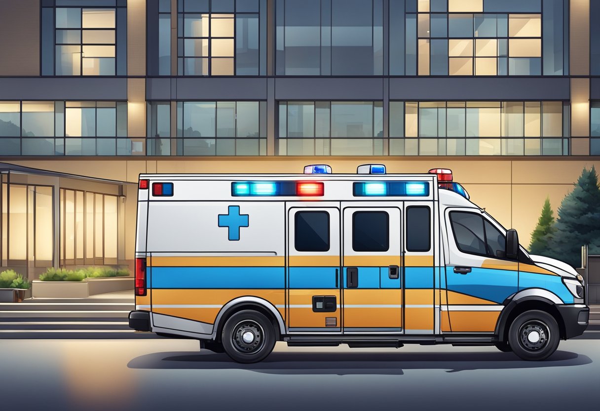 Ambulância Tipo F: Características e Utilidades Essenciais 8 An ambulance type F parked outside a hospital, with its lights flashing and medical equipment visible through the windows