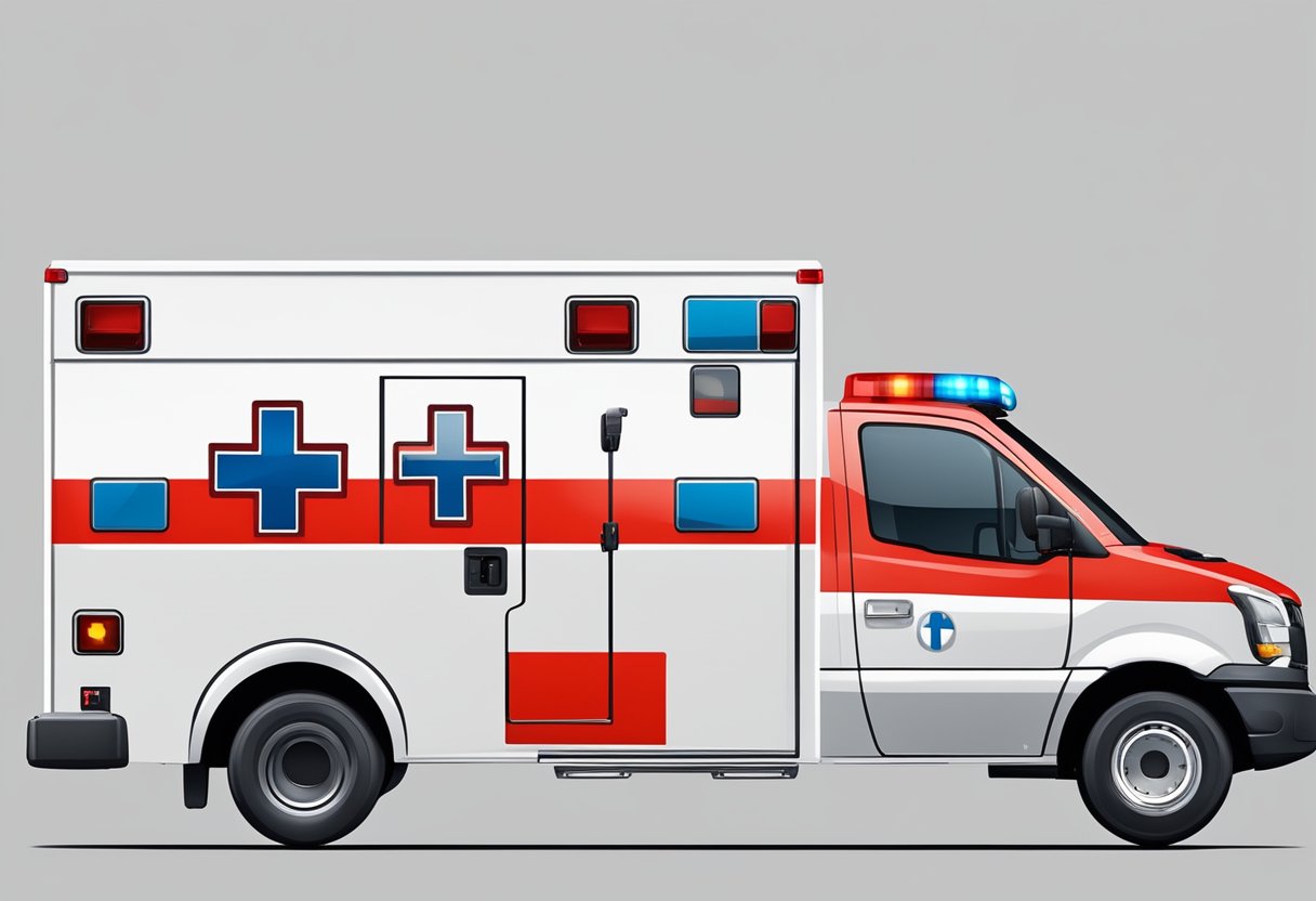 An ambulance type F with red and white color scheme, flashing lights, and medical symbols on the sides