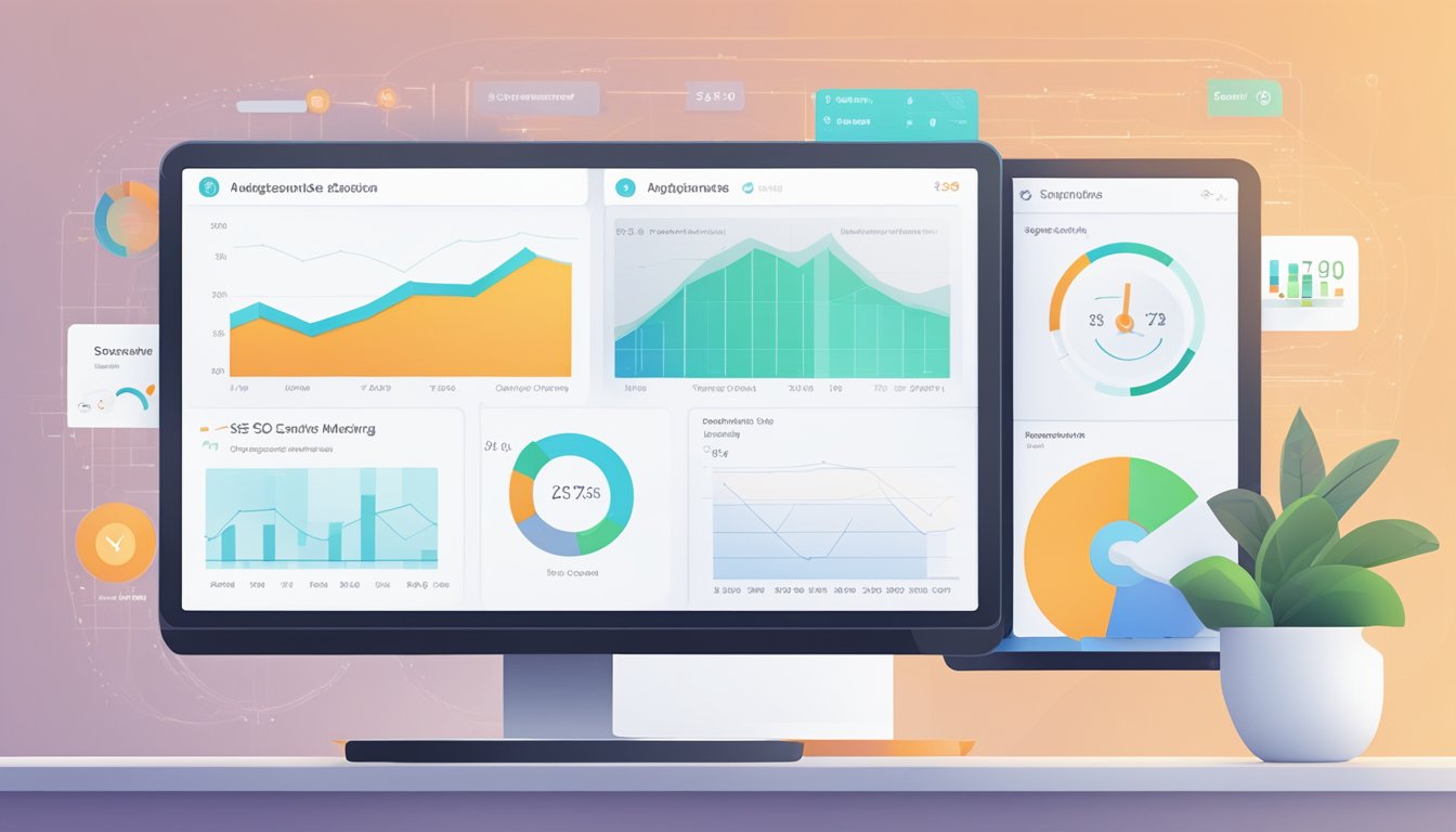 A computer screen displaying the dashboard of Magento SEO Suite Ultimate Extension with various performance metrics and tracking data