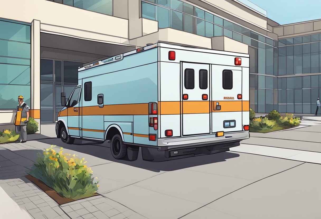 An ambulance type f parked outside a hospital, with paramedics unloading medical equipment
