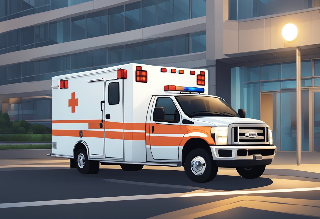 An ambulance type F parked outside a hospital with its lights flashing