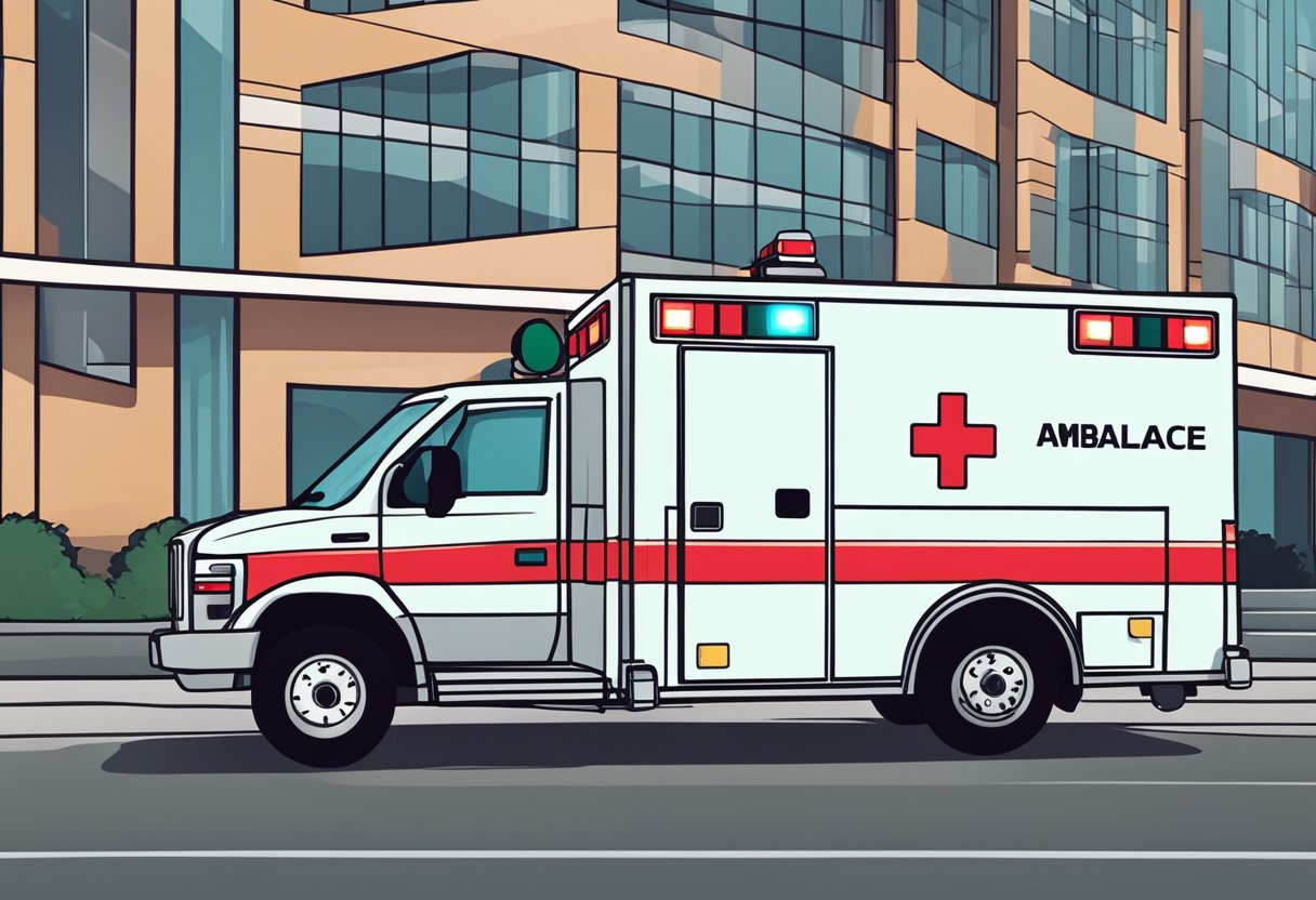 Ambulância Tipo F: Características e Equipamentos Essenciais 5 An ambulance type F parked in front of a hospital with emergency lights flashing