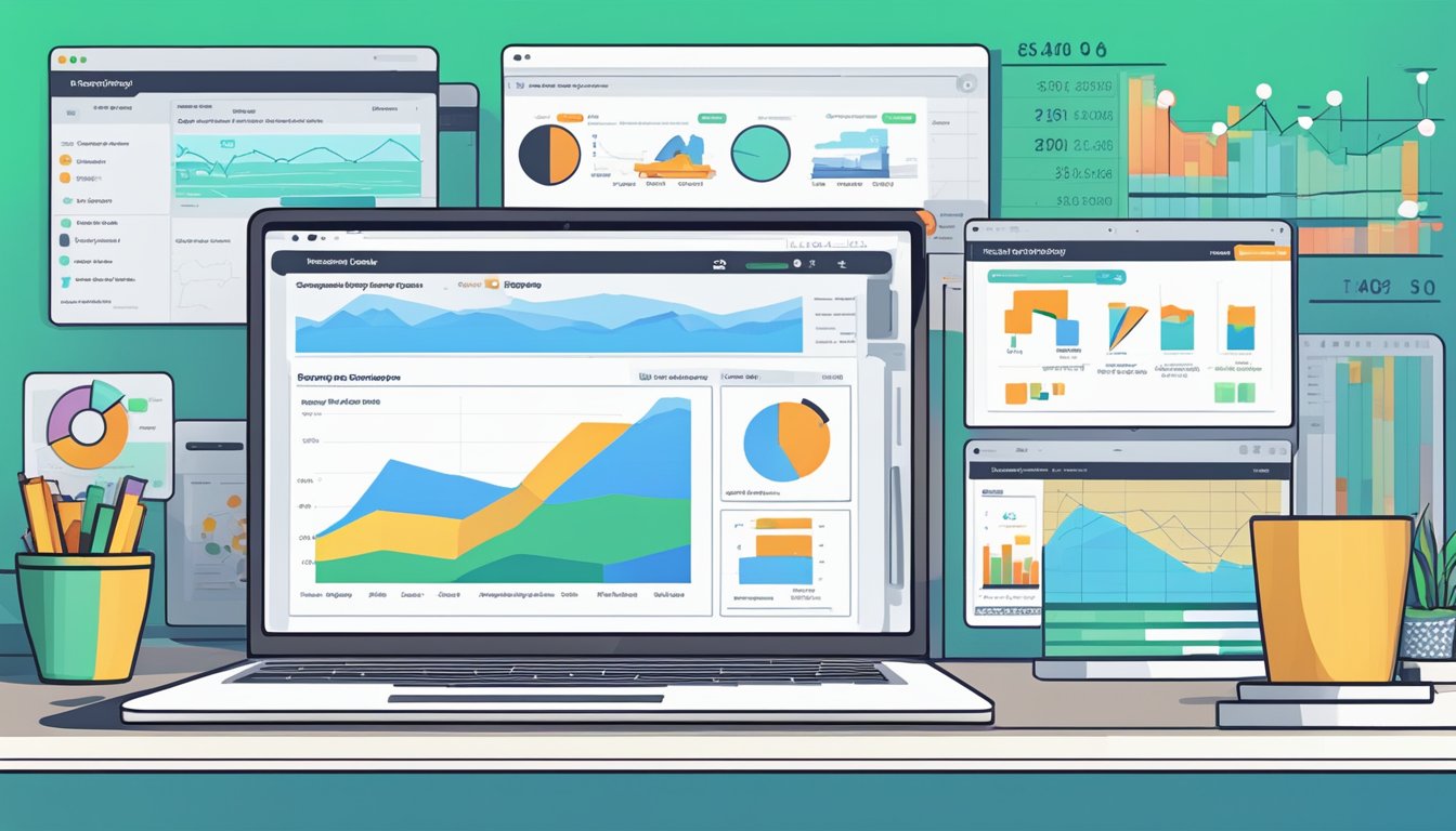 A laptop displaying Shopify SEO Booster plans and pricing review, with charts and graphs indicating performance metrics