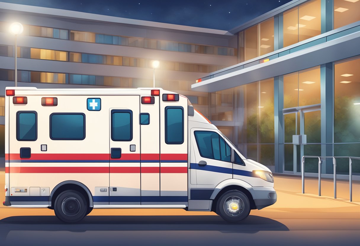 Ambulância UTI: Importância no Atendimento de Emergências Críticas 2 An ICU ambulance parked outside a hospital, with emergency lights flashing and medical equipment visible through the windows
