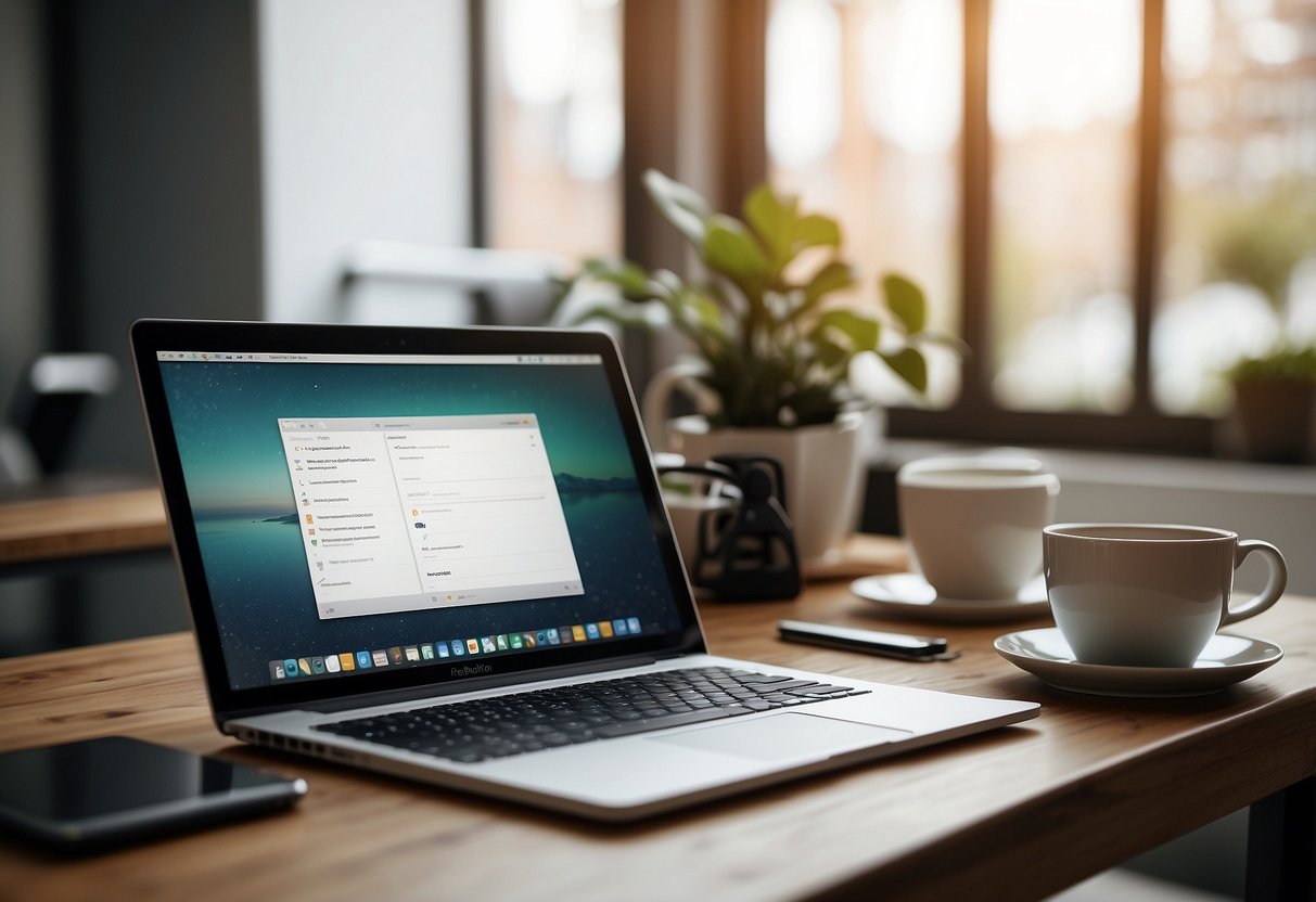 A freelancer's desk with a laptop, notebook, and branded stationery. A cohesive color scheme and logo visible on various items. Clean and organized workspace