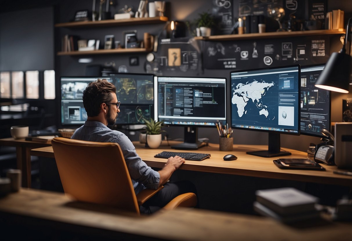 A freelancer surrounded by various industry symbols, reading and researching trends on a computer screen, while showcasing their personal brand through a portfolio and social media platforms