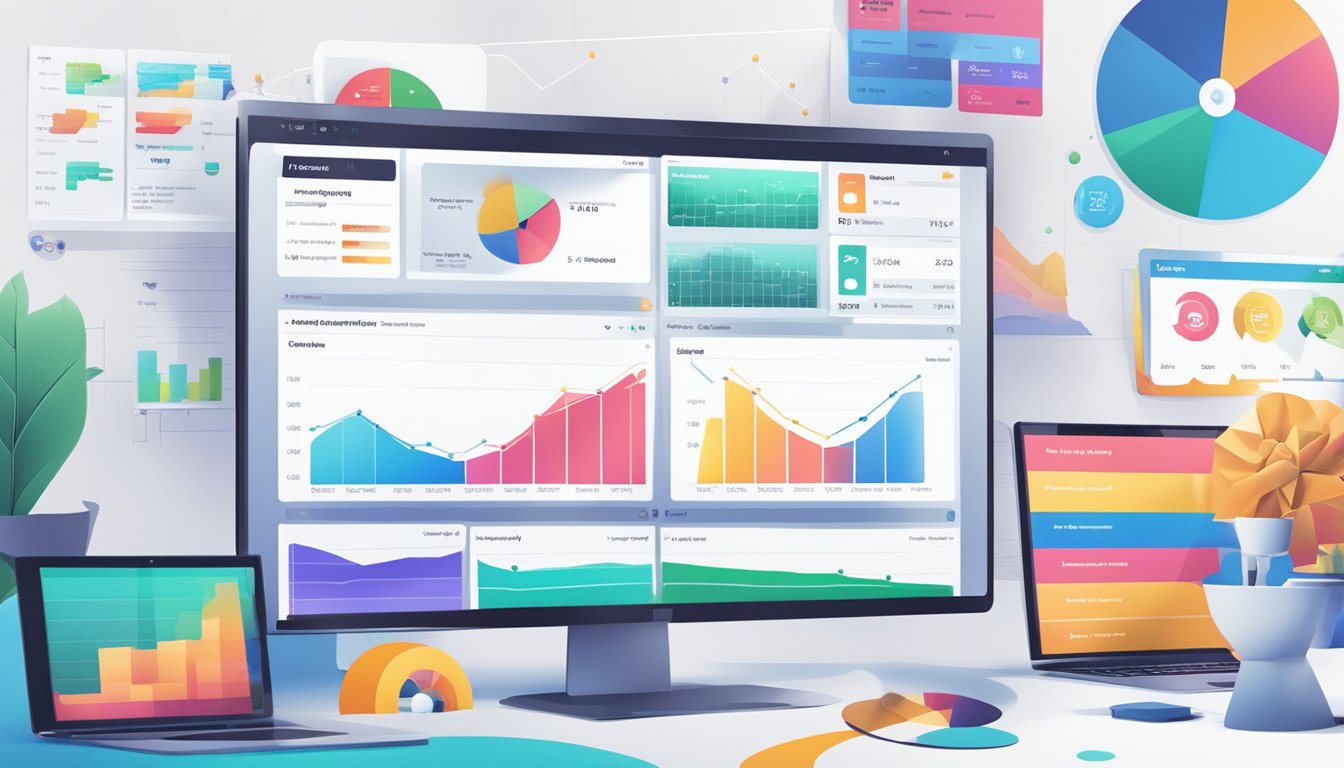 A computer screen displaying vidIQ analytics with colorful graphs and charts, surrounded by a variety of engaging and informative video thumbnails