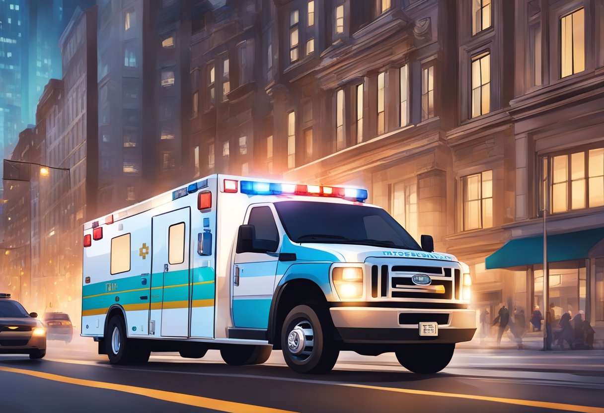 An UTI ambulance rushing through city streets with flashing lights and blaring sirens