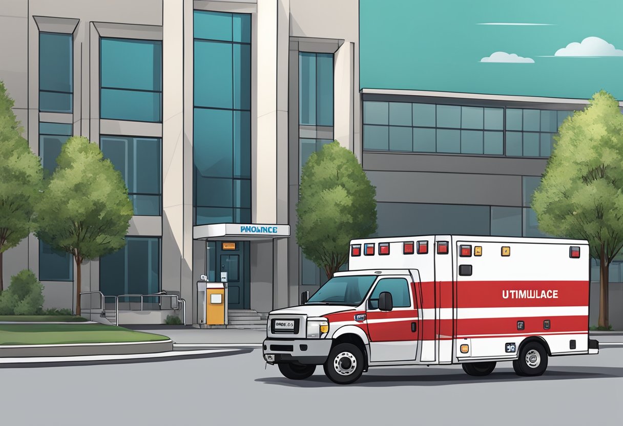 An ambulance with UTI equipment parked outside a hospital