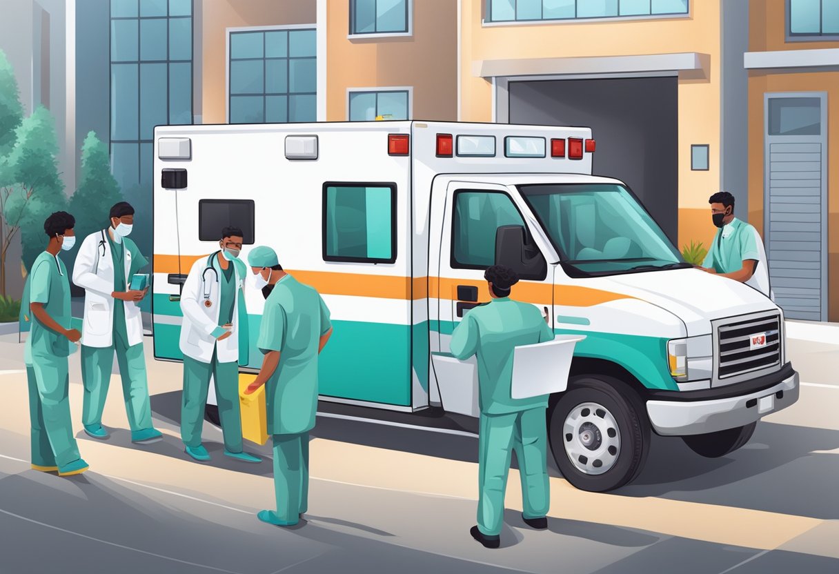 A medical team is preparing an ambulance for a UTI patient, checking equipment and supplies