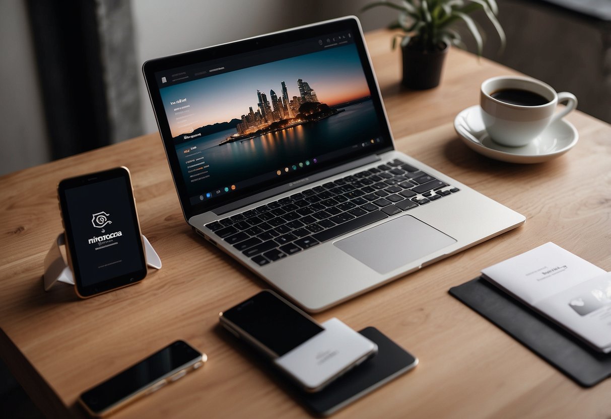 A freelancer's personal brand: laptop, coffee cup, notepad, pen, smartphone, business cards, and a stylish logo displayed on a website