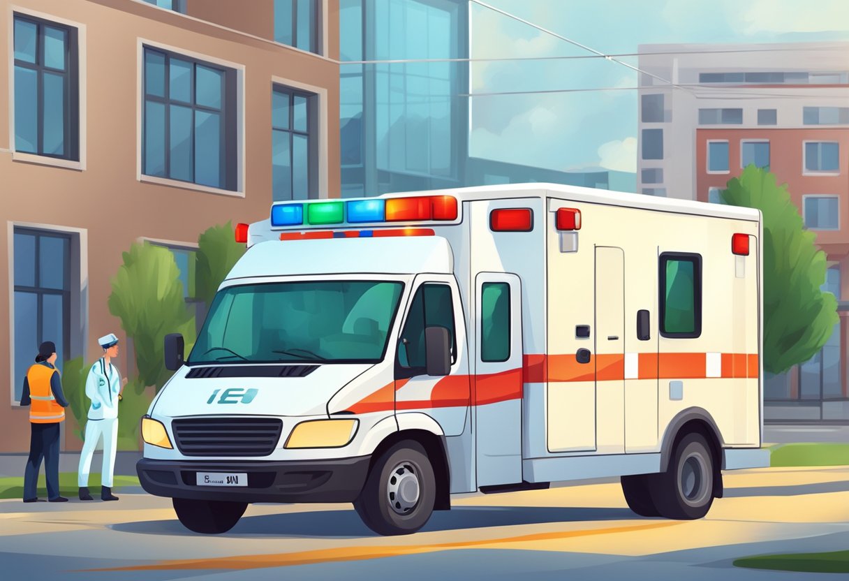 A medical team is training near a fully equipped ambulance