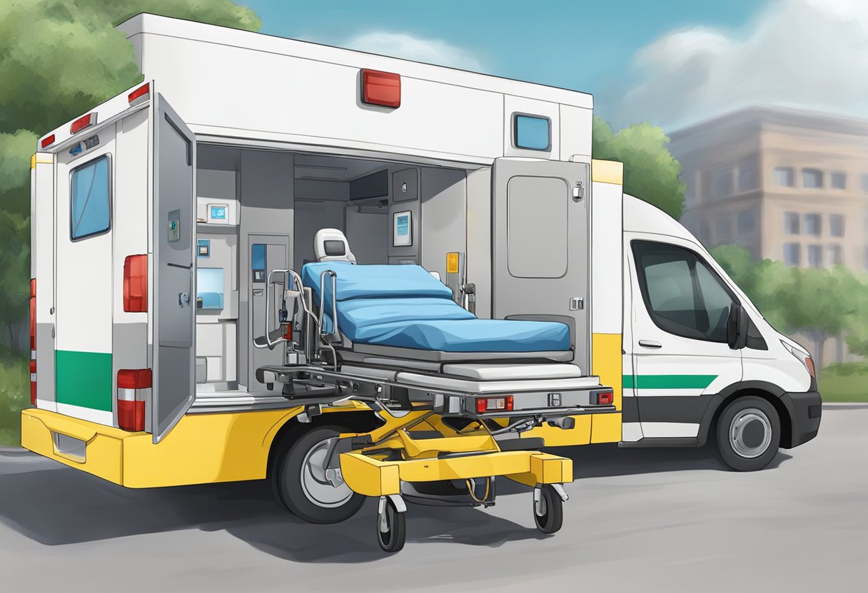 An ambulance with mobile ICU equipment being used for patient transport in a specific removal situation