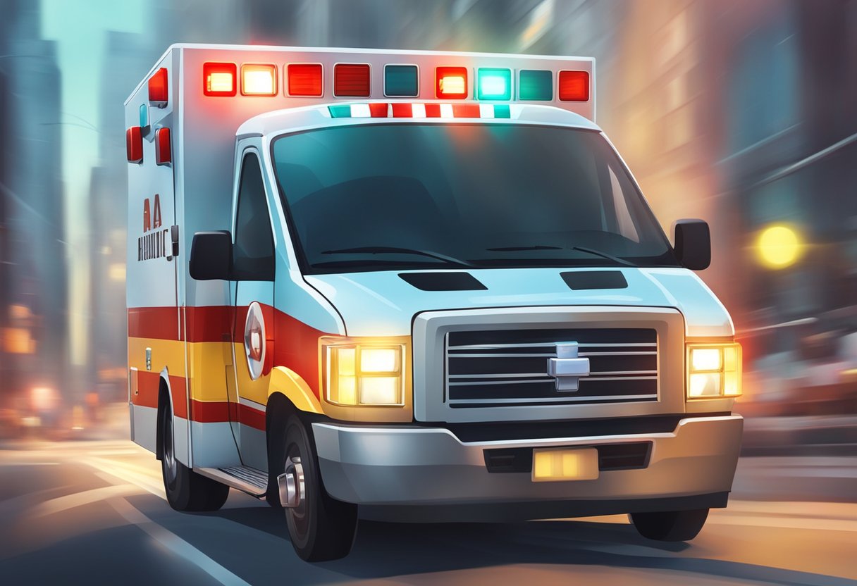An ambulance rushing through city streets with flashing lights and blaring sirens, on its way to a medical emergency