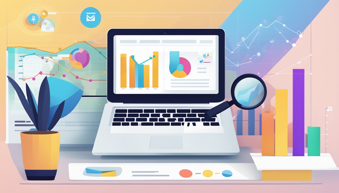 A laptop displaying Wix SEO Wiz with a magnifying glass hovering over the screen, while a graph shows an upward trend in website traffic