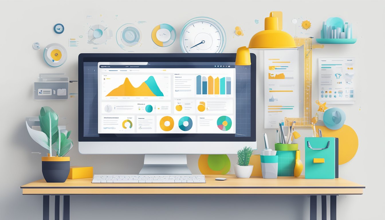 A computer screen displaying the Wix SEO Wiz dashboard with various optimization tools and settings, surrounded by a clean and modern workspace