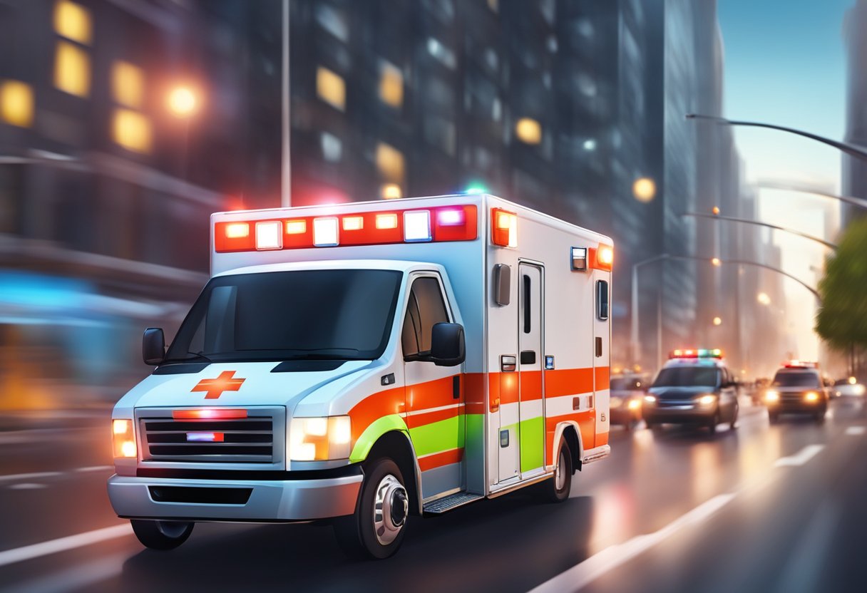 Emergencia Ambulancia Numero: Como Contatar Serviços de Urgência 1 An ambulance rushing through city streets towards an emergency, with its lights flashing and sirens blaring