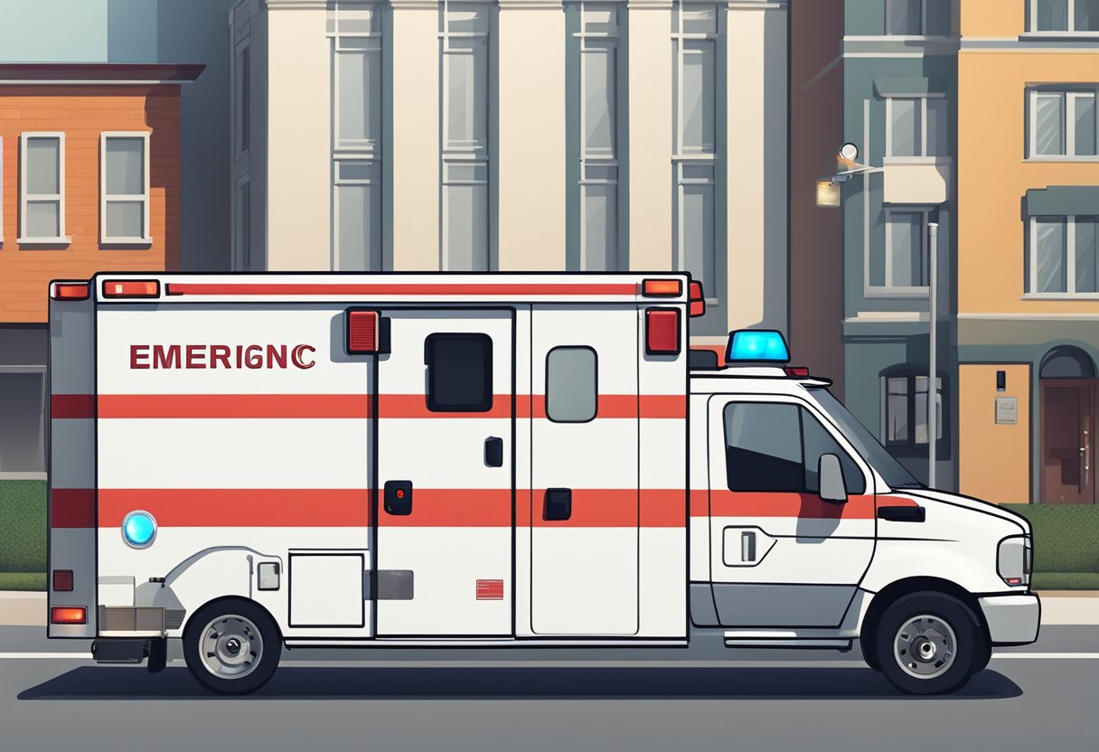 Emergencia Ambulancia Numero: Como Contatar Serviços de Urgência 5 An ambulance parked outside with emergency lights flashing, surrounded by emergency equipment and a prominent number displayed