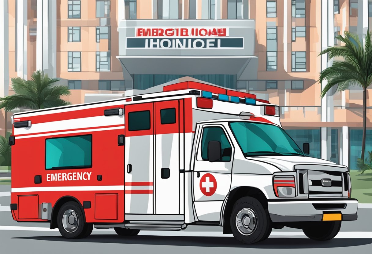 Emergencia Ambulancia Numero: Como Ligar Rapidamente em Situações Críticas 3 A red and white ambulance parked outside a hospital, with a large sign displaying emergency contact numbers in Brazil