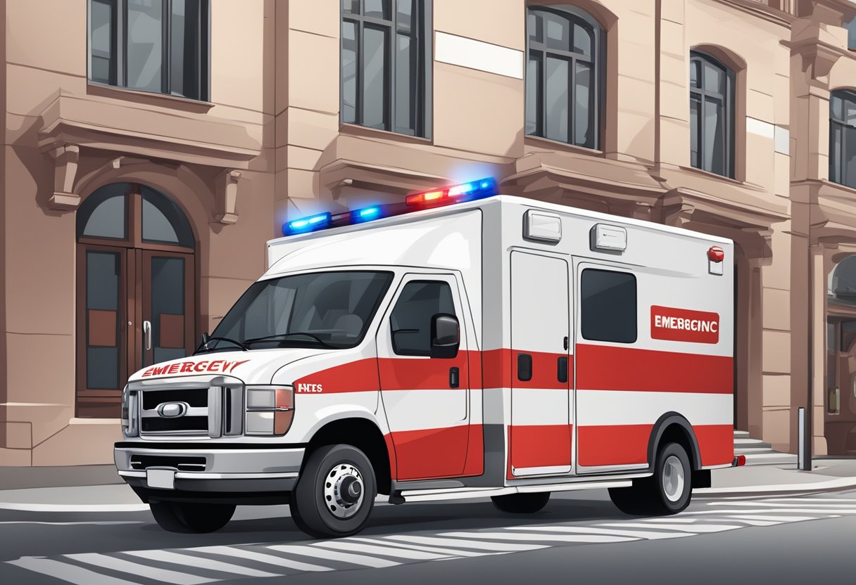 Emergencia Ambulancia Numero: Como Ligar Rapidamente em Situações Críticas 8 A red and white ambulance parked outside a building with emergency signs and numbers displayed