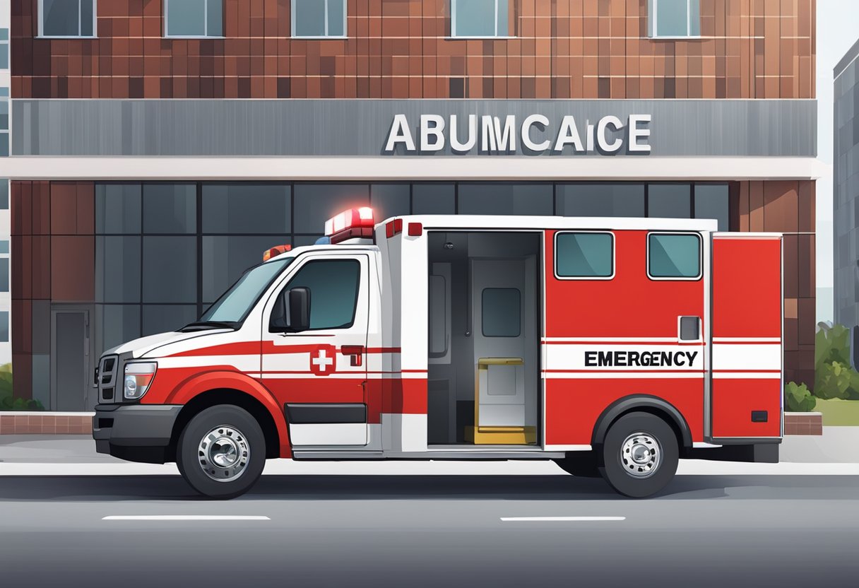 A red and white ambulance parked outside a building with "Emergency Number" written in bold letters on the side