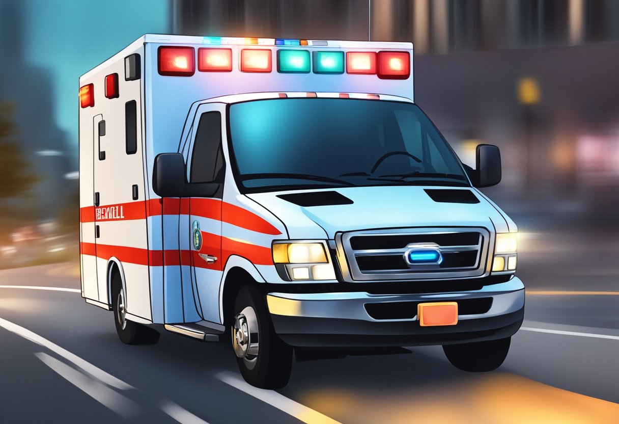 An ambulance rushing to an emergency scene, with its lights flashing and siren blaring, as it approaches a specific numbered location