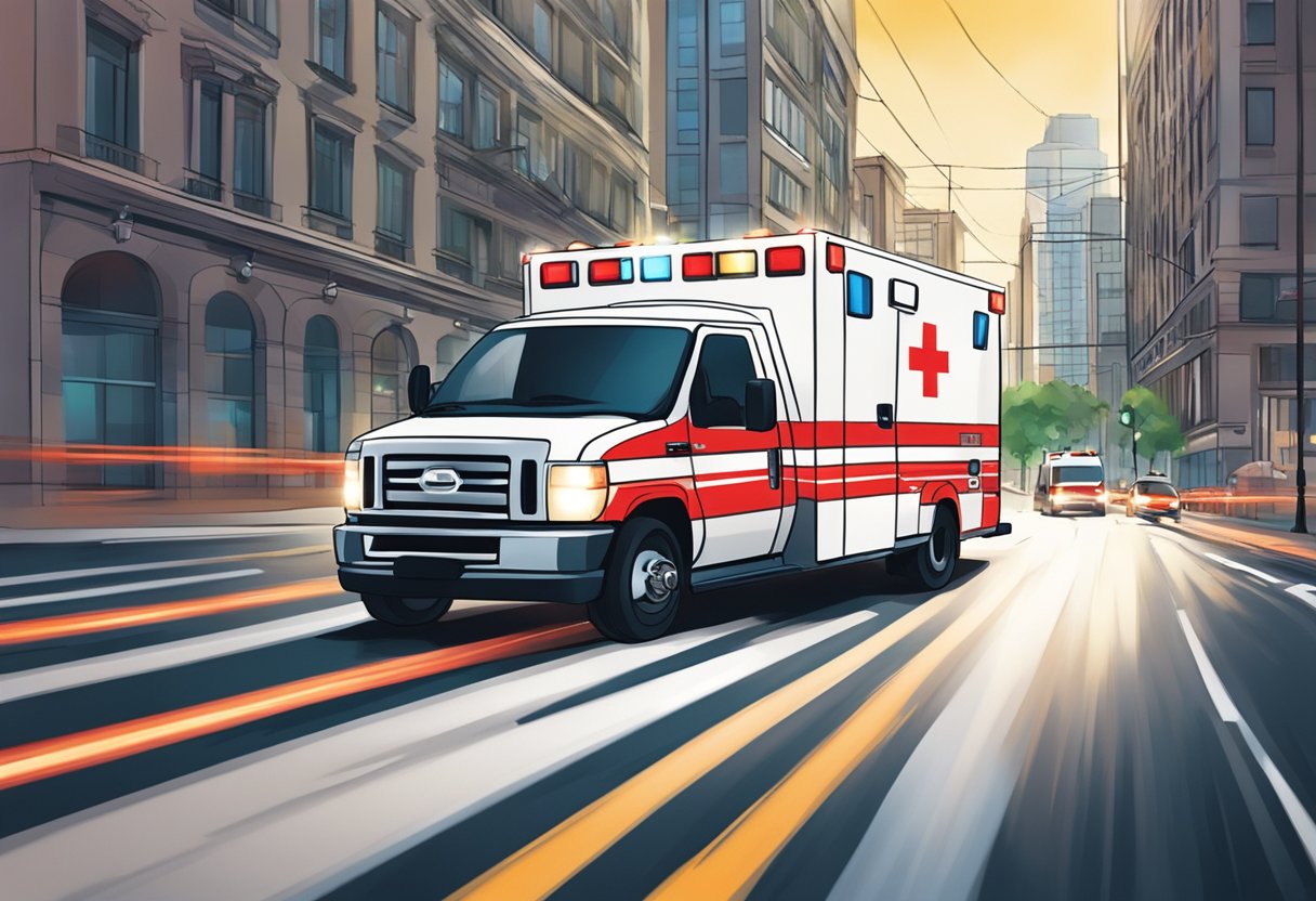 An ambulance speeding through city streets with emergency lights flashing