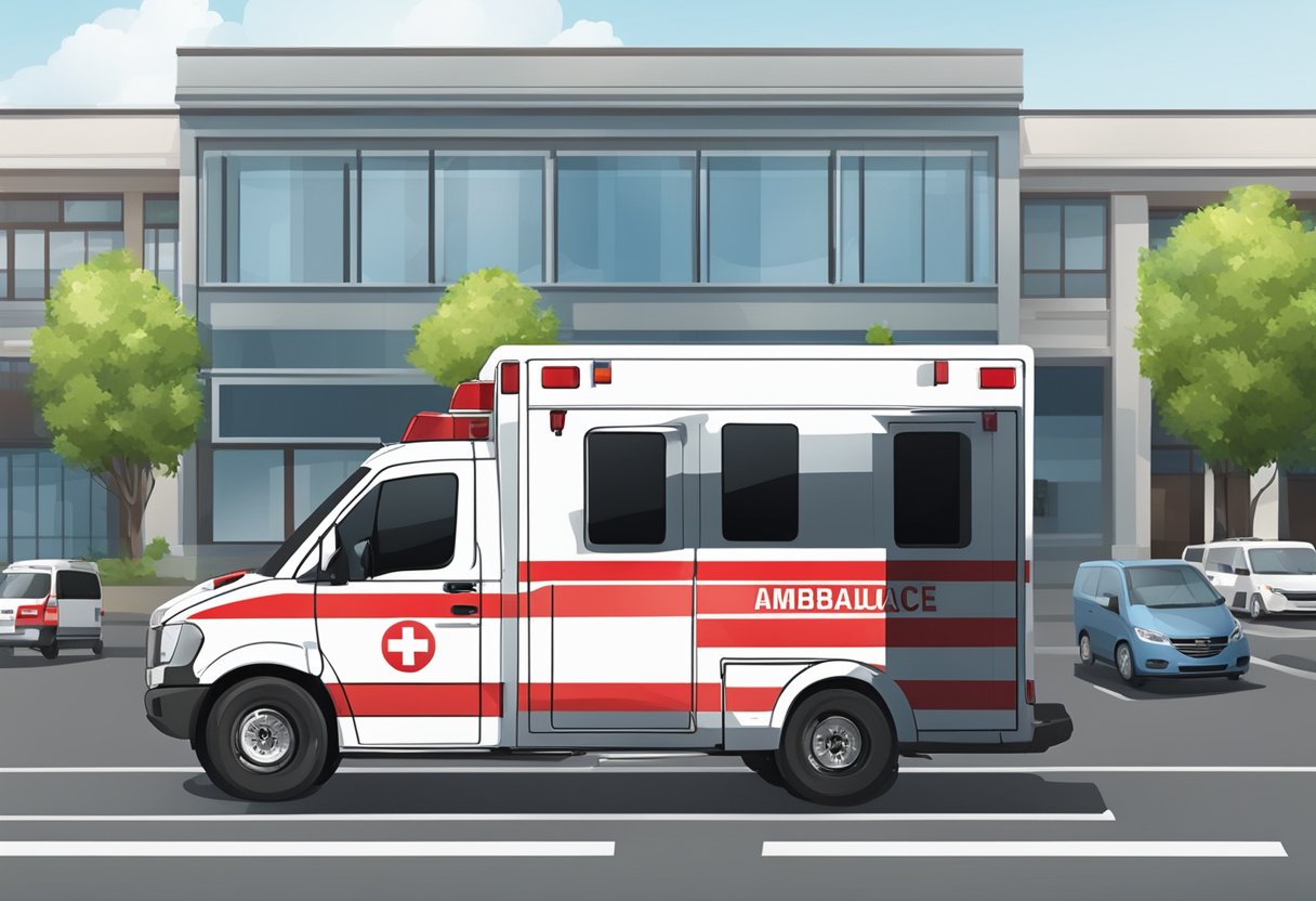 A red and white ambulance parked outside with the emergency number displayed prominently on the side