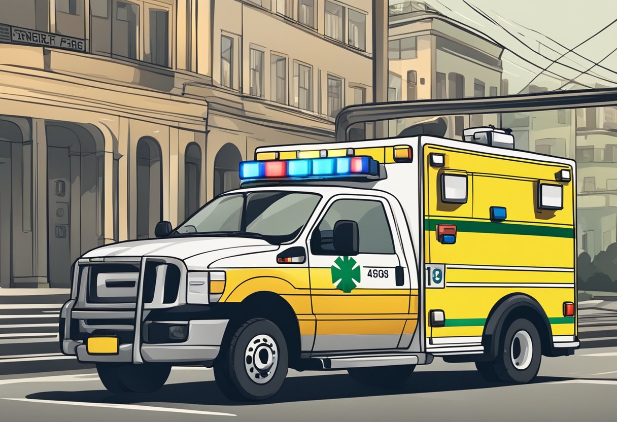 Emergency services in Brazil: ambulance with flashing lights and sirens, emergency phone number displayed prominently