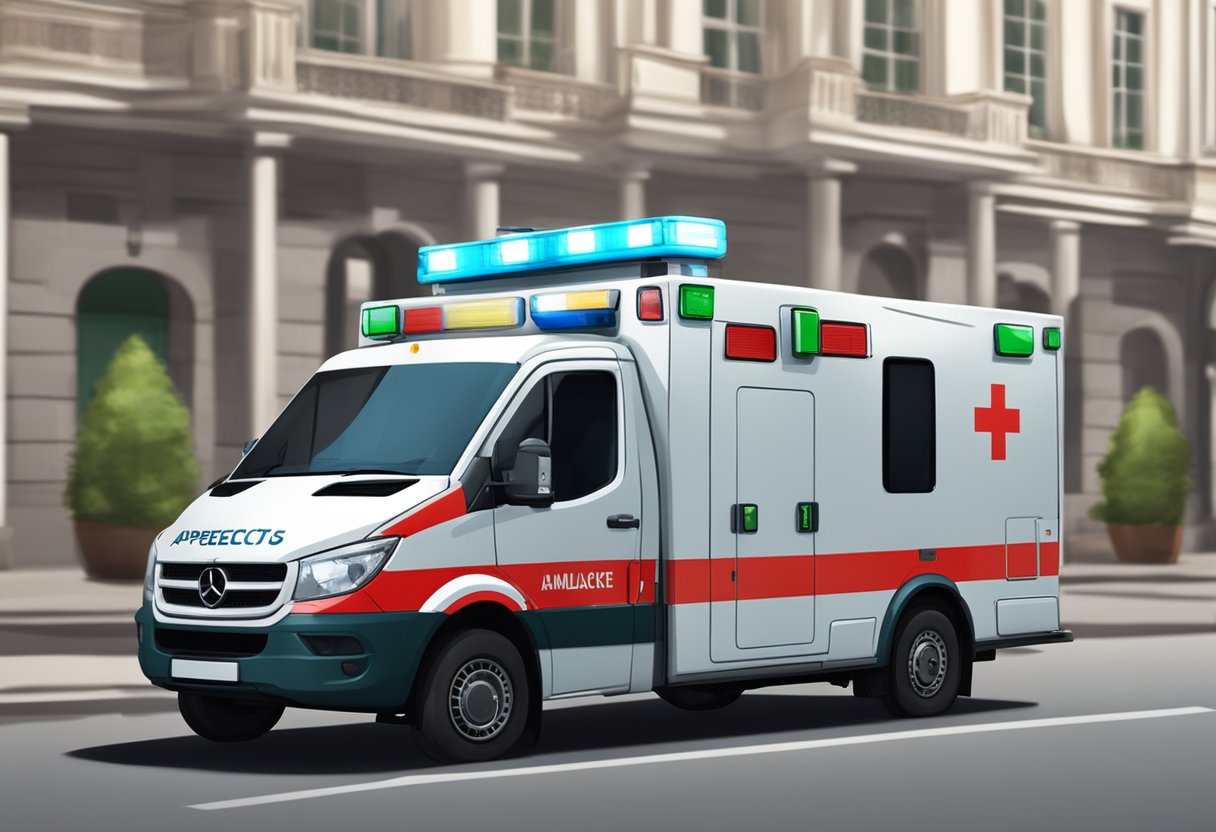 An emergency ambulance with "Aspectos Legais e Proteção Civil" written on the side, with the number visible, parked outside a building
