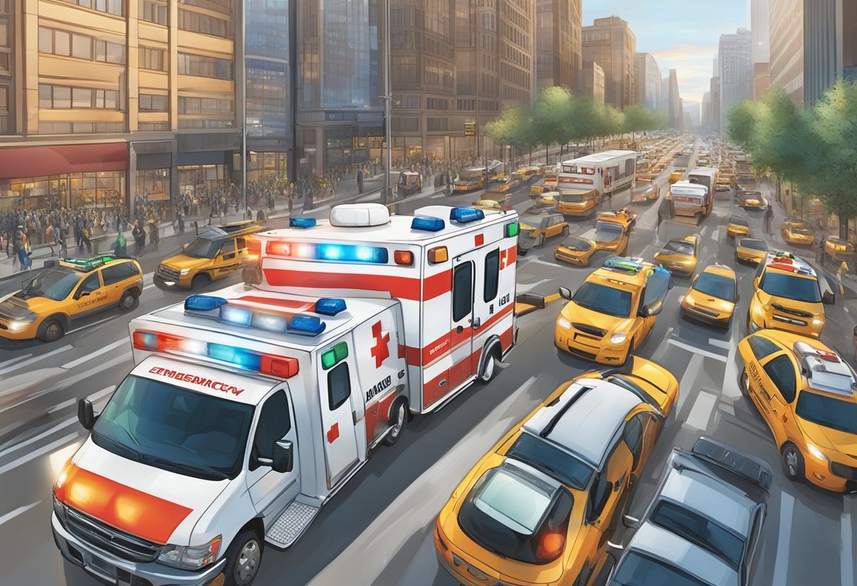 An ambulance rushing through traffic, sirens blaring, with emergency resources and contact information displayed prominently