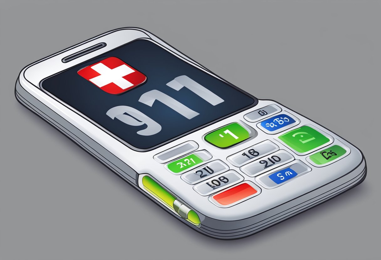 A phone with the number 911 dialed and the word "Ambulance" displayed on the screen