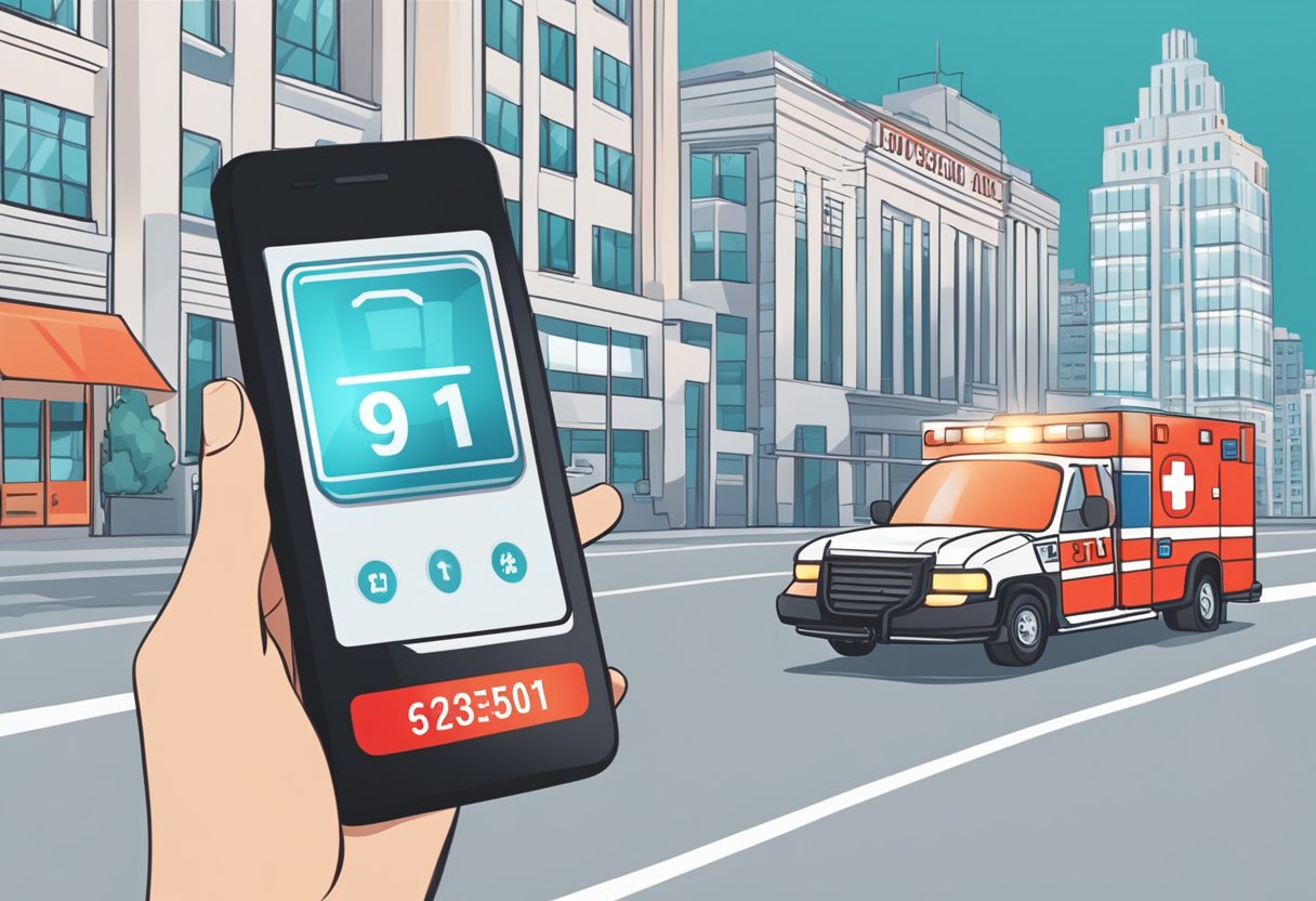 A phone with the number 911 dialed, a hand reaching for it, and an ambulance in the background with flashing lights