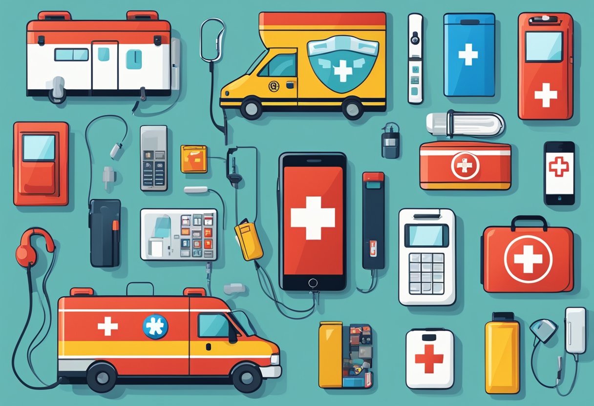 A phone with "Call Ambulance" displayed, surrounded by emergency medical supplies