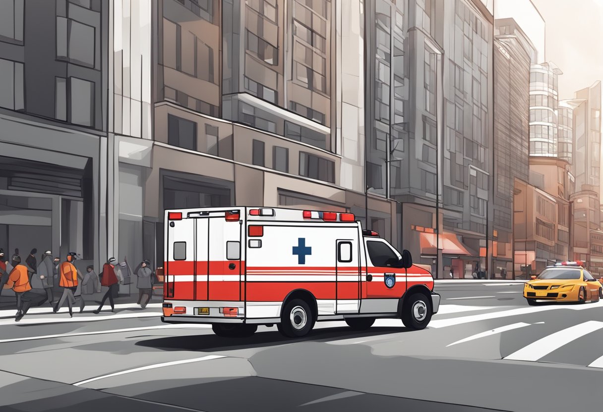 Número de Emergência Ambulância: Como Chamar Ajuda Rápida 1 A red and white ambulance speeding down a busy city street with its lights flashing and siren blaring