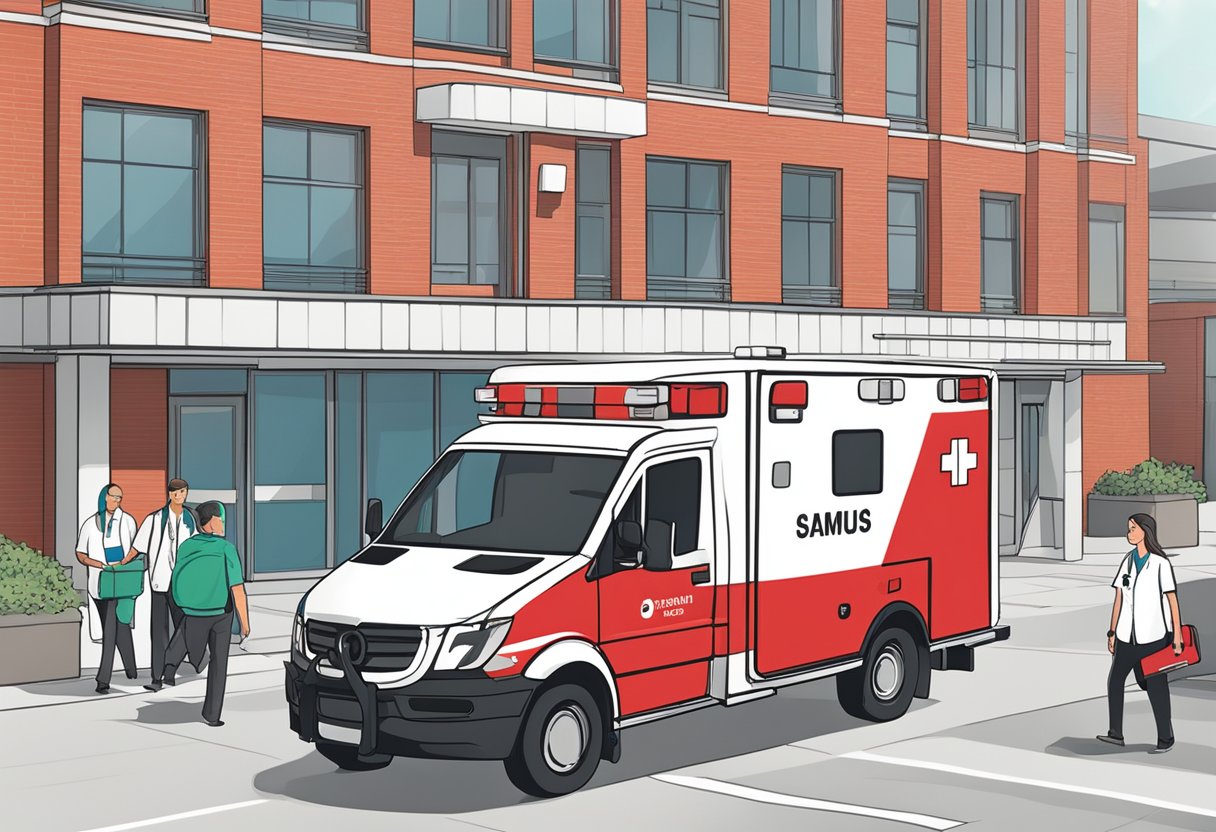 Número de Emergência Ambulância: Como Chamar Ajuda Rápida 2 A red and white ambulance parked outside a hospital, with the SAMU logo on the side. A paramedic is carrying a stretcher towards the vehicle