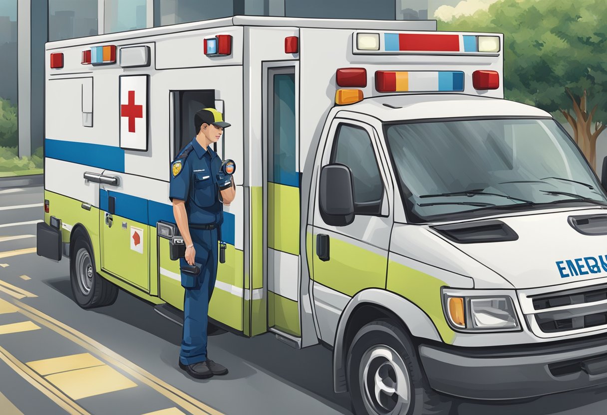 Número de Emergência Ambulância: Como Chamar Ajuda Rápida 3 A person dialing emergency number, ambulance arriving at scene