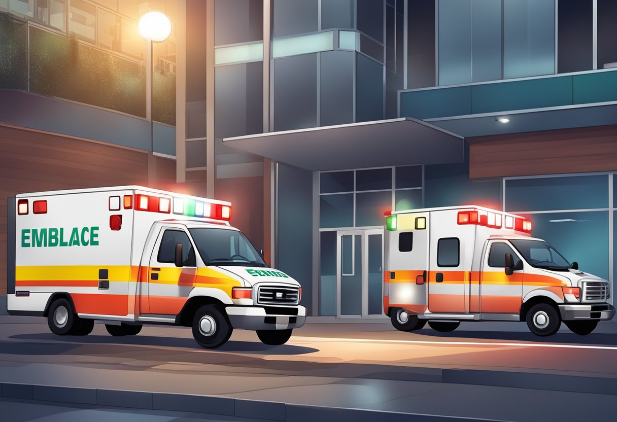 Número de Emergência Ambulância: Como Chamar Ajuda Rápida 4 Emergency Services scene: Ambulance with flashing lights and siren, parked outside a building with the emergency number displayed prominently