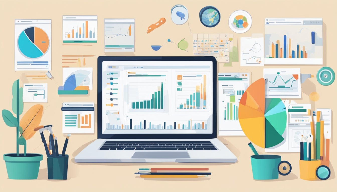 A laptop displaying 7 alternative keyword research tools, surrounded by charts and graphs.</p><p>A person's hand reaching for one tool