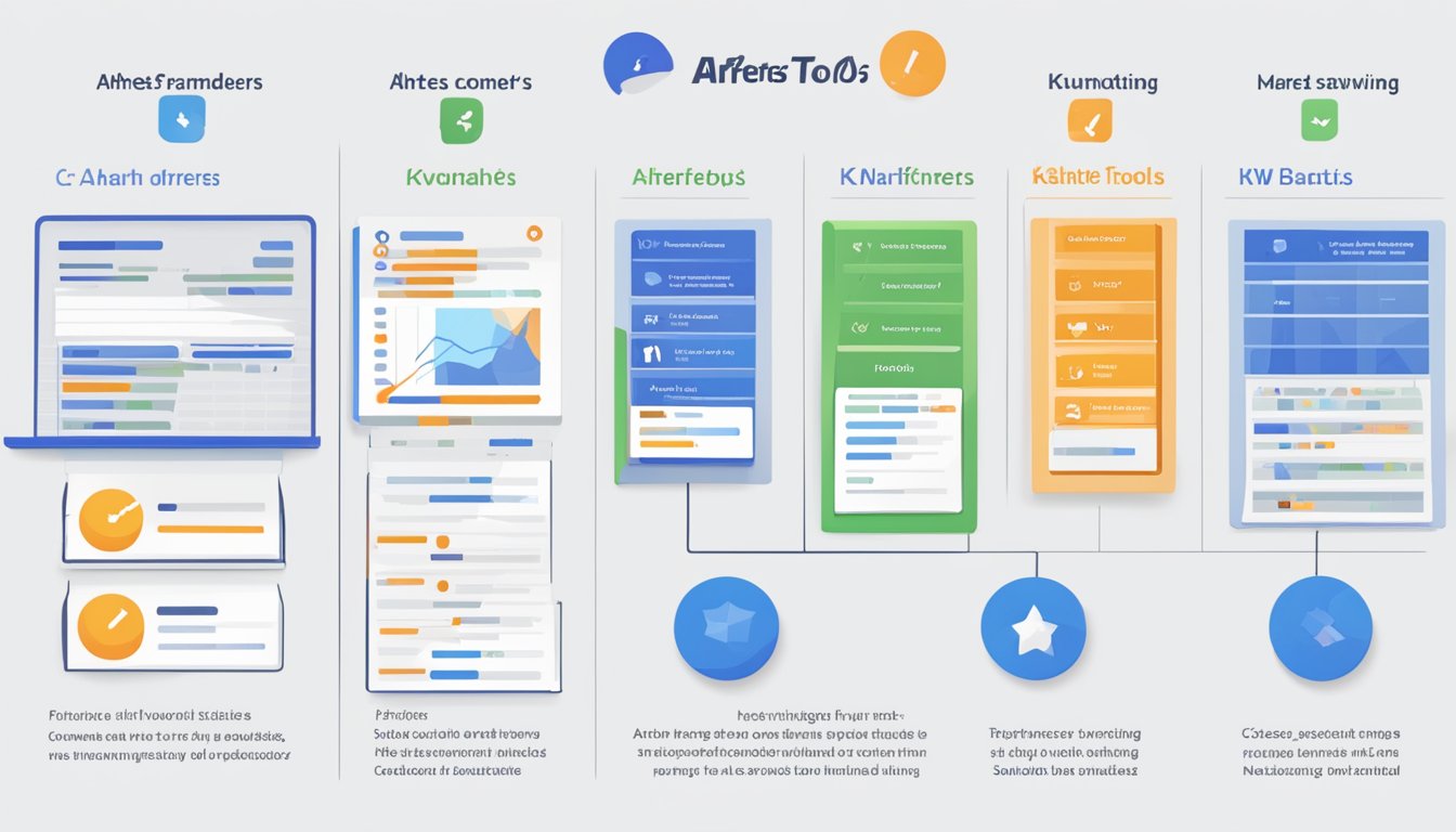 A comparison chart showing Ahrefs and 7 alternative tools to KWFinder, with each tool's features and ratings displayed