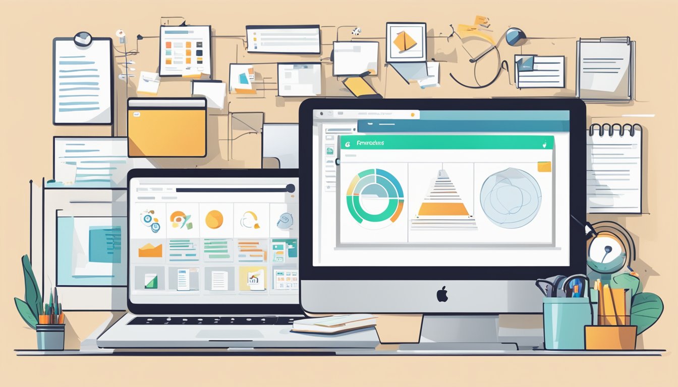 A computer screen displaying SEMrush and 7 alternative logos to KWFinder, surrounded by office supplies and a notepad with notes